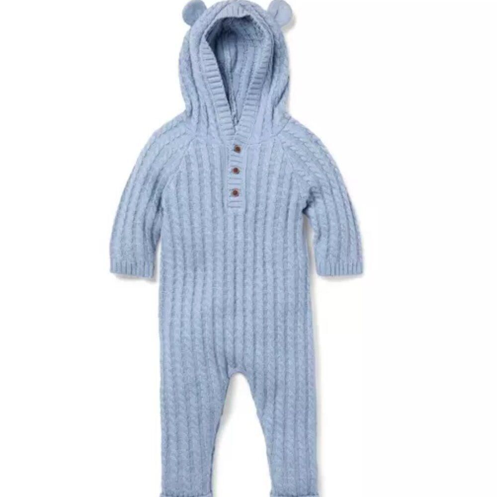 Janie and Jack Baby Bear Blue heathered Ear hooded one piece NWOT